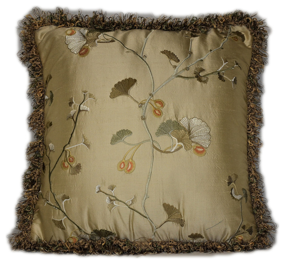 silk embroidered gold green floral decorative throw pillow with fringe ...