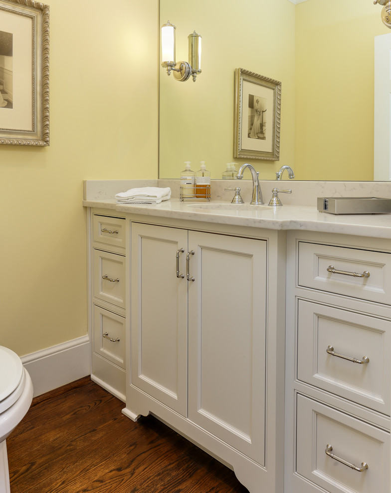 Inspiration for a small traditional 3/4 bathroom in Raleigh with beaded inset cabinets, white cabinets, an undermount sink and engineered quartz benchtops.