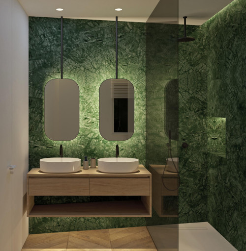modern beyaz ve yeşil banyo tasarımı dekorasyonu örneği