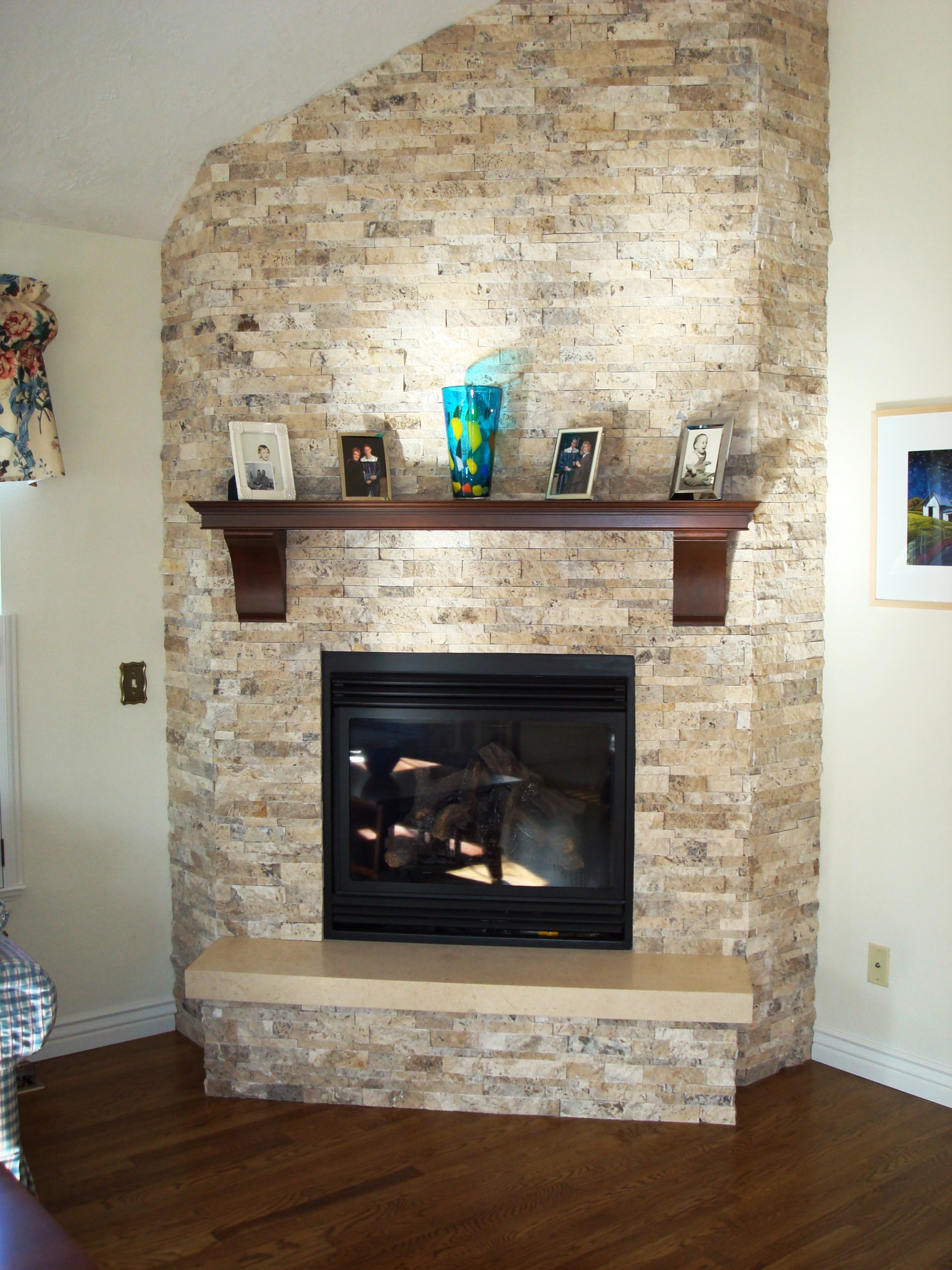 Stacked Stone Fireplace w Cherry Mantle & Corbels