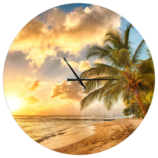 Beach of Island Barbados Coastal Metal Clock, 36x36 Tropical
