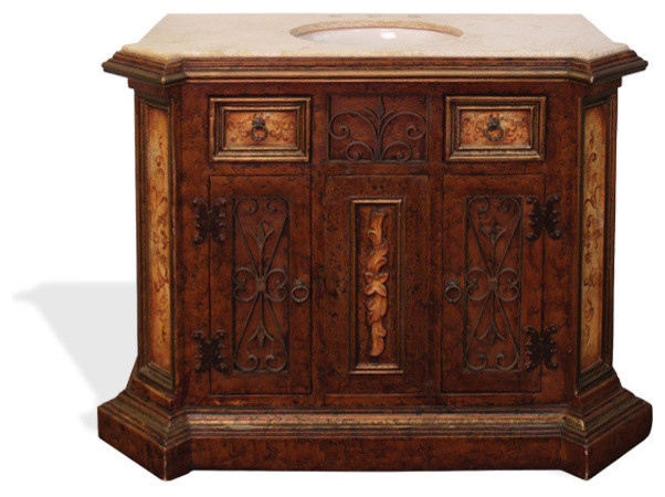 Tuscan Vanity Top Virrey, Fresco Brown Distressed With Gold And Marble Top