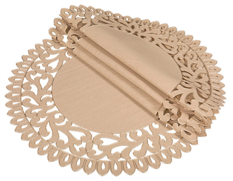 Vine Embroidered Cutwork Placemats, Burlywood, 16" Round, Set of 4, 16