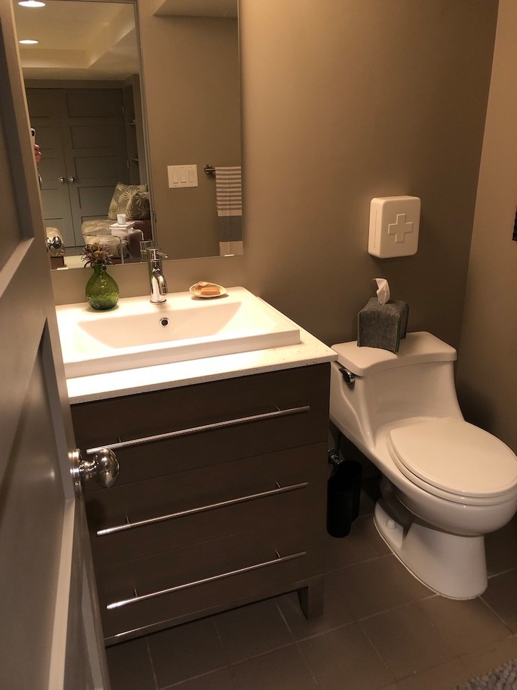 Small contemporary bathroom in Denver with furniture-like cabinets, a one-piece toilet, a drop-in sink, engineered quartz benchtops, a shower curtain and white benchtops.