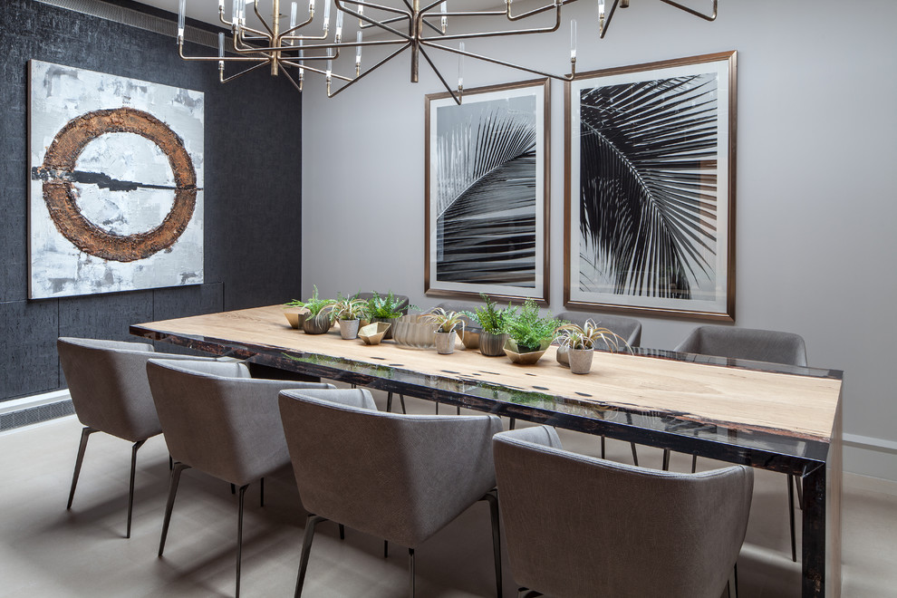 Design ideas for a contemporary dining room in London with black walls, no fireplace and beige floor.