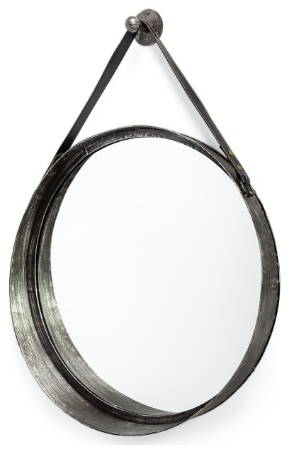 Northdale Black Metal Frame With Leather Strap Hanging Round Mirror, 30"