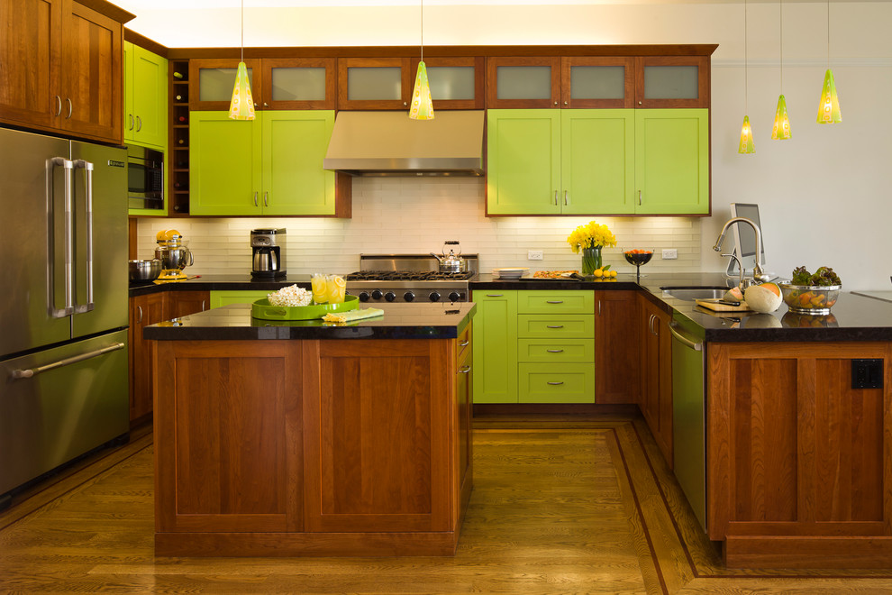 Photo of an eclectic kitchen in San Francisco with stainless steel appliances.