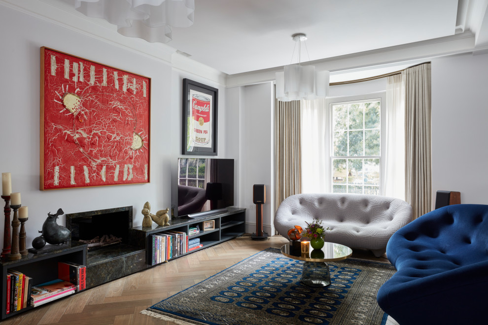 Medium sized contemporary open plan living room in London.