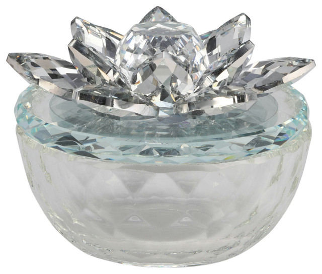 Glass Trinket Box Clear W/silver Lotus Top