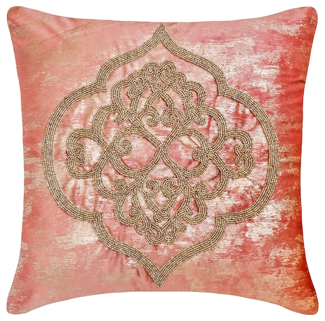 Peach Pink Velvet Beaded, Foil & Damask 16"x16" Throw Pillow Cover - Imperial
