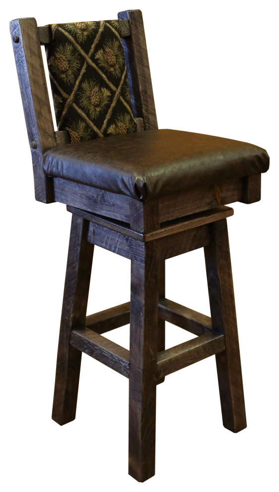 Barnwood Style Timber Peg Swivel Upholstered Barstool Rustic Bar