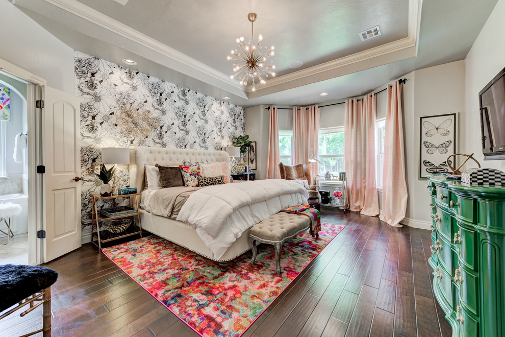 Design ideas for a large eclectic master bedroom in Oklahoma City with grey walls, dark hardwood floors and brown floor.