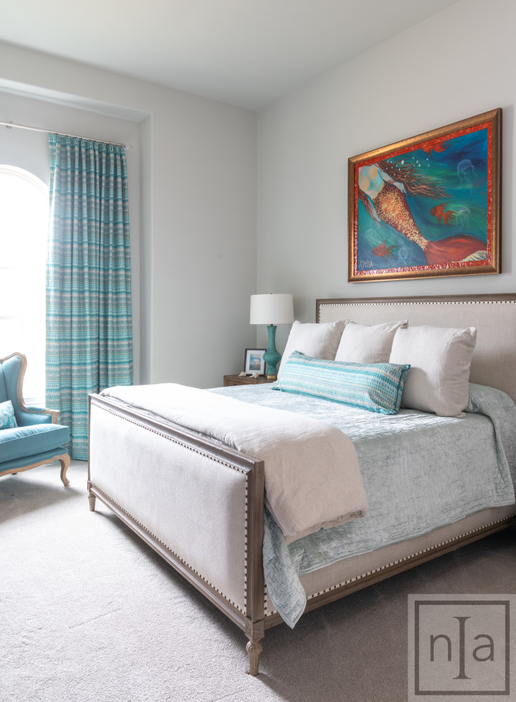 This is an example of a transitional guest bedroom in Dallas with grey walls, carpet and no fireplace.