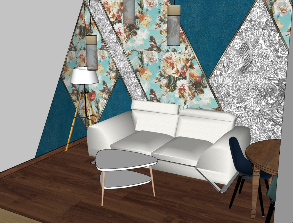 Foto di un soggiorno design di medie dimensioni con pareti blu, pavimento in compensato, pavimento marrone e carta da parati