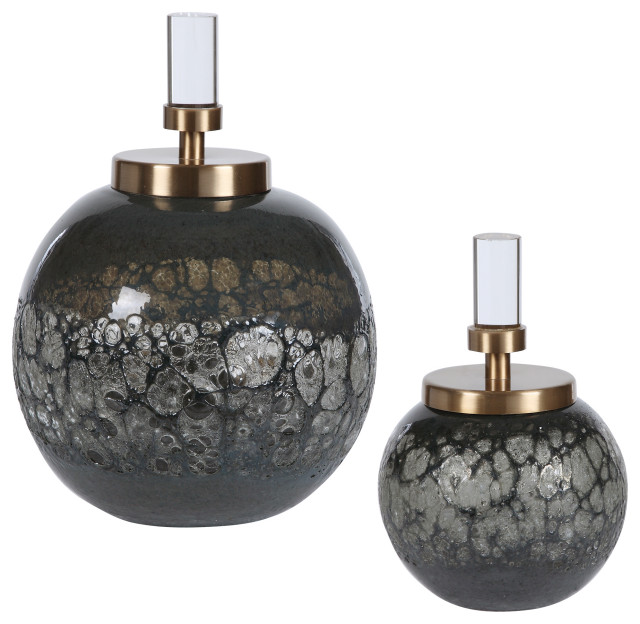 Retro Iridescent Art Glass Bottle Blue Gray Round Sphere Deco Jar, 2-Piece Set