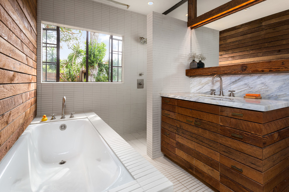 Inspiration for a small contemporary master bathroom in Los Angeles with an undermount sink, medium wood cabinets, an undermount tub, white tile, a curbless shower, a two-piece toilet, porcelain tile, white walls, porcelain floors, marble benchtops, white floor and an open shower.