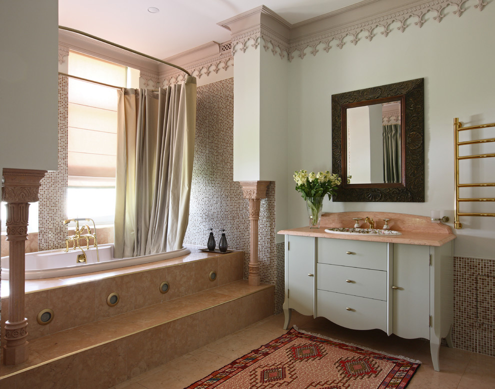 Photo of an eclectic master bathroom in Moscow with a shower curtain, flat-panel cabinets, a drop-in tub, white walls and beige floor.