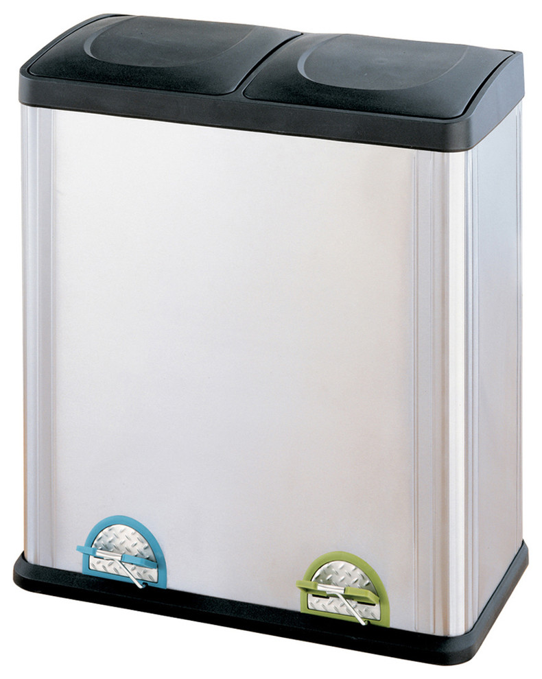 Two Compartment Step-On Recycling Bin in Stainless Steel and Black (15.85 Gal/60