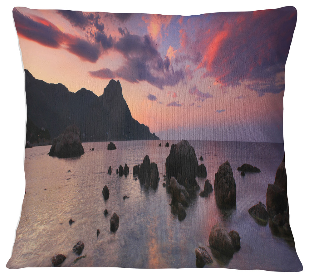 Rocky Colorful Beach Panorama Modern Seashore Throw Pillow, 16"x16"