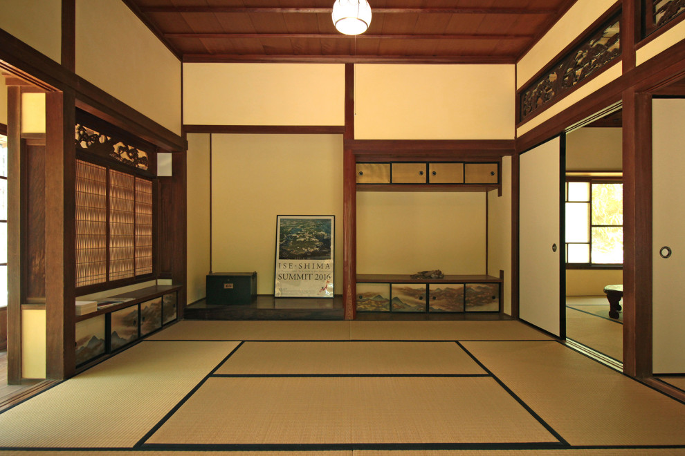 Idéer för mellanstora vintage separata vardagsrum, med ett finrum, vita väggar, tatamigolv och beiget golv