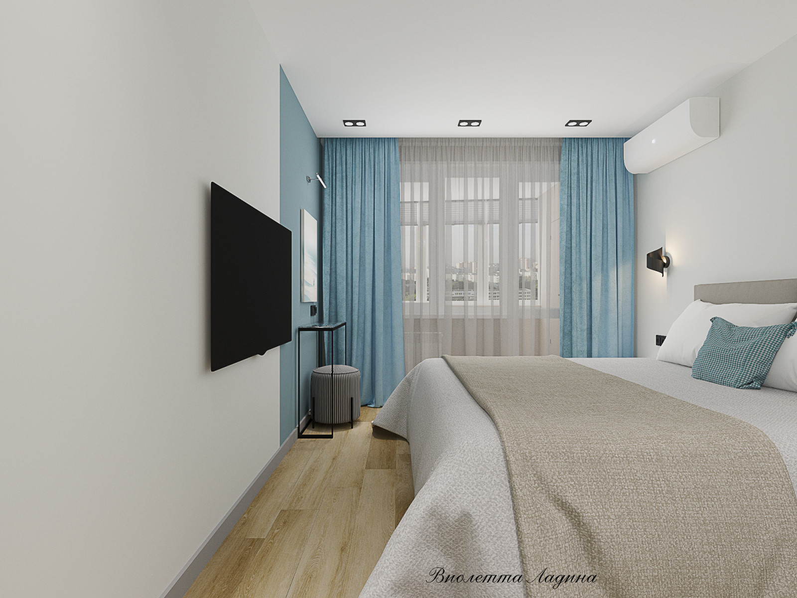 Трешка в панельном доме в современном стиле с голубым акцентом.