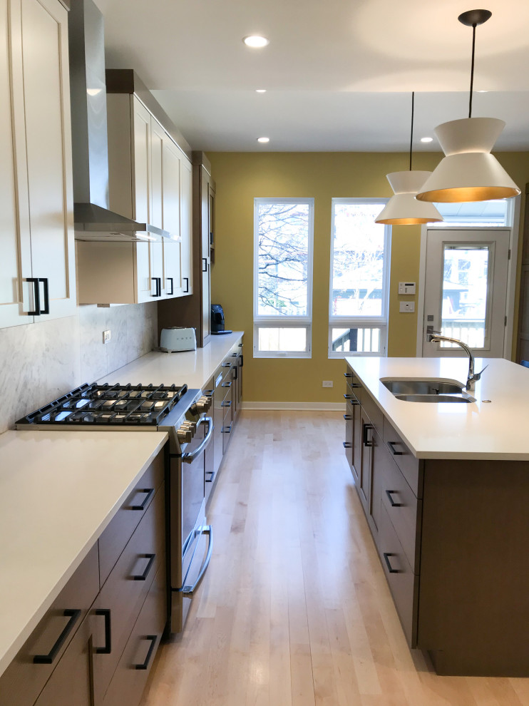 Eat-in kitchen - large transitional l-shaped eat-in kitchen idea in Chicago with a double-bowl sink, shaker cabinets, white cabinets, quartz countertops, multicolored backsplash, porcelain backsplash, stainless steel appliances, an island and white countertops