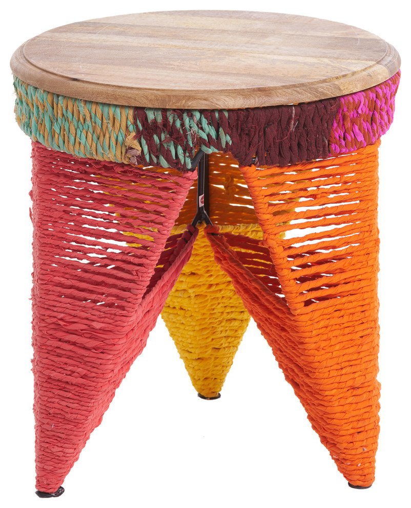 GDF Studio Alvin Multi Colored Cotton End Table with Mango Wood Top