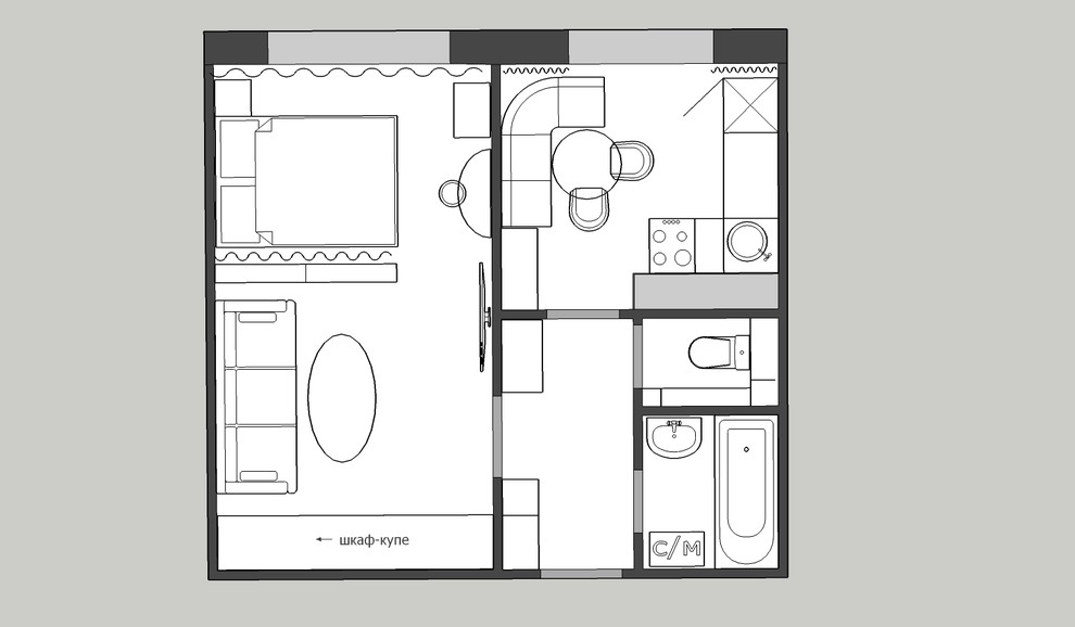 Пример расстановки мебели 1к квартира 33 кв.м
