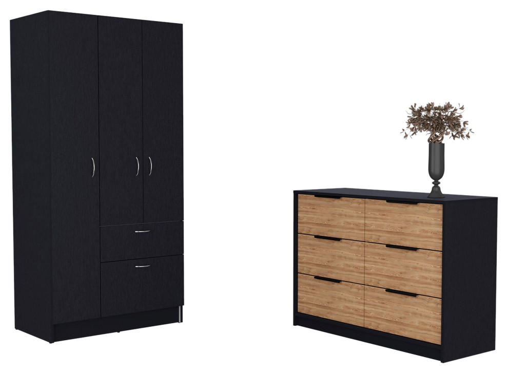 Crete 2Piece Bedroom Set, Armoire and Dresser, Black/Pine