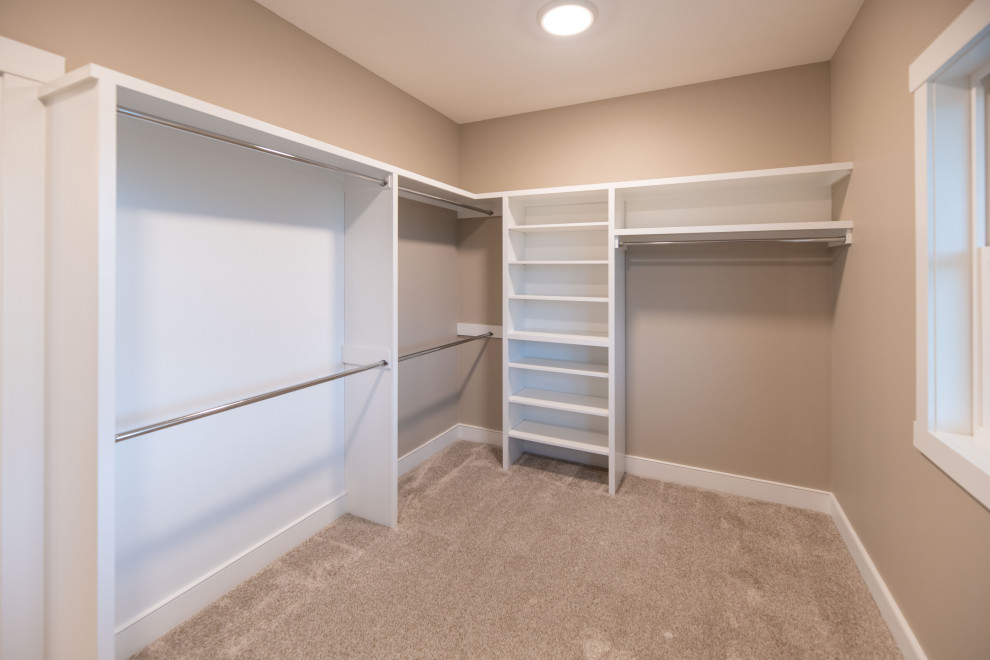 Walk-in closet - traditional gender-neutral carpeted and beige floor walk-in closet idea with white cabinets