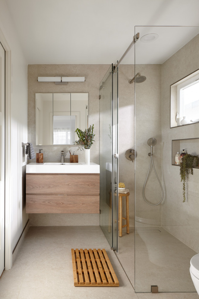 Photo of a contemporary bathroom in San Francisco with flat-panel cabinets, light wood cabinets, a curbless shower, gray tile, white walls, a console sink, grey floor, a sliding shower screen, white benchtops, a single vanity and a floating vanity.