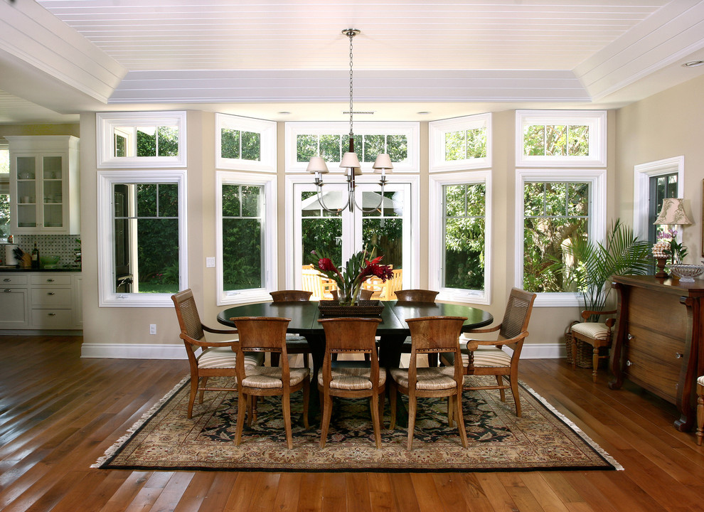 Traditional dining room in Orange County with beige walls and dark hardwood floors.