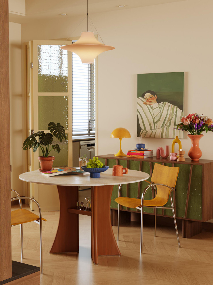 Kitchen/dining room combo - mid-sized mid-century modern light wood floor and brown floor kitchen/dining room combo idea in Los Angeles with white walls