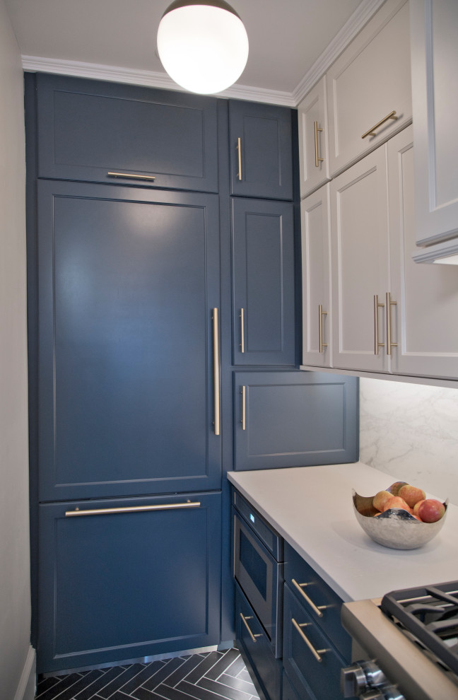 Small traditional single-wall separate kitchen in DC Metro with an undermount sink, shaker cabinets, blue cabinets, quartz benchtops, white splashback, porcelain splashback, stainless steel appliances, ceramic floors, no island, black floor and white benchtop.
