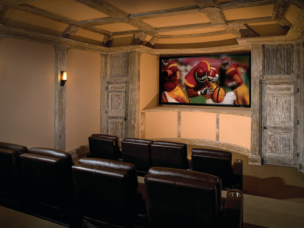 Traditional enclosed home theatre in New York with brown floor.