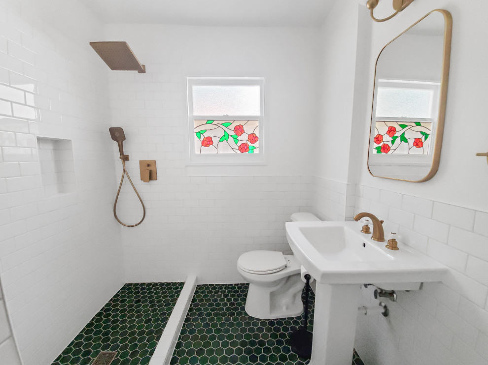Photo of a small contemporary 3/4 bathroom in Seattle with an open shower, white tile, white walls, mosaic tile floors, a pedestal sink, green floor and a single vanity.