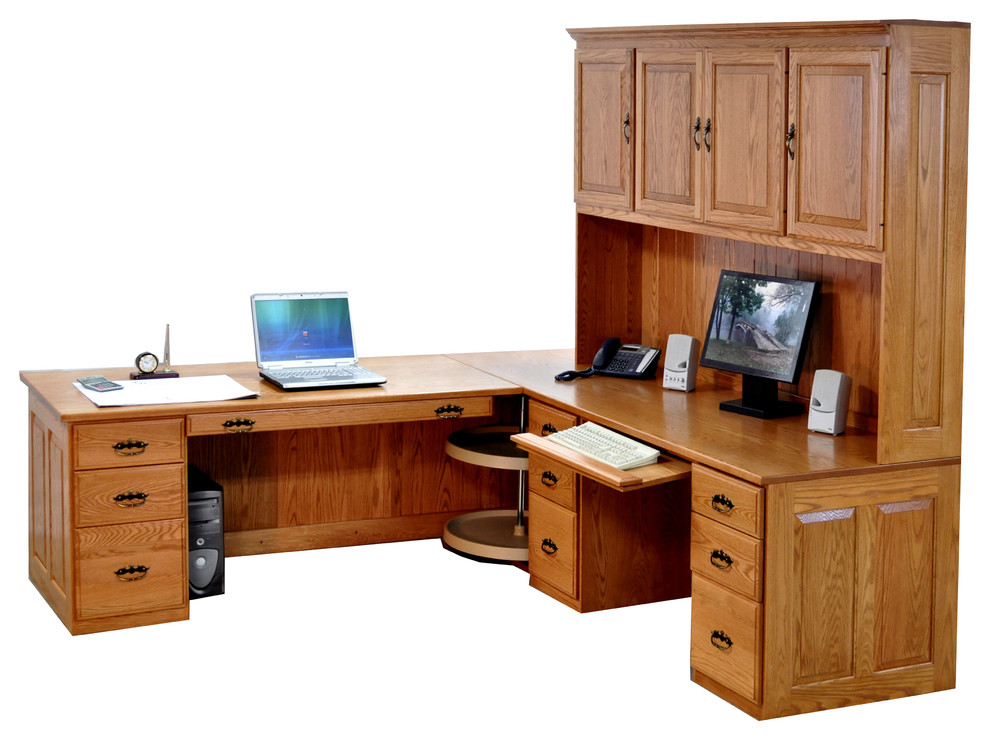 L shaped desk with lazy susan storage; extra drawer pedestal