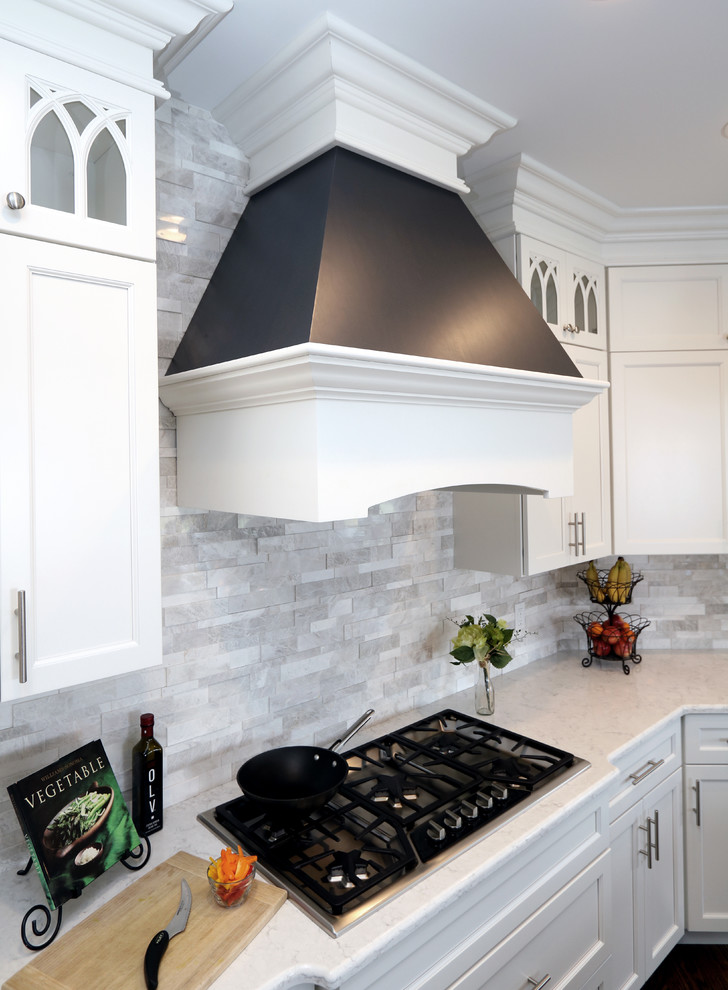 Example of a large transitional u-shaped dark wood floor open concept kitchen design in Cincinnati with a single-bowl sink, flat-panel cabinets, white cabinets, granite countertops, gray backsplash, subway tile backsplash, paneled appliances and an island