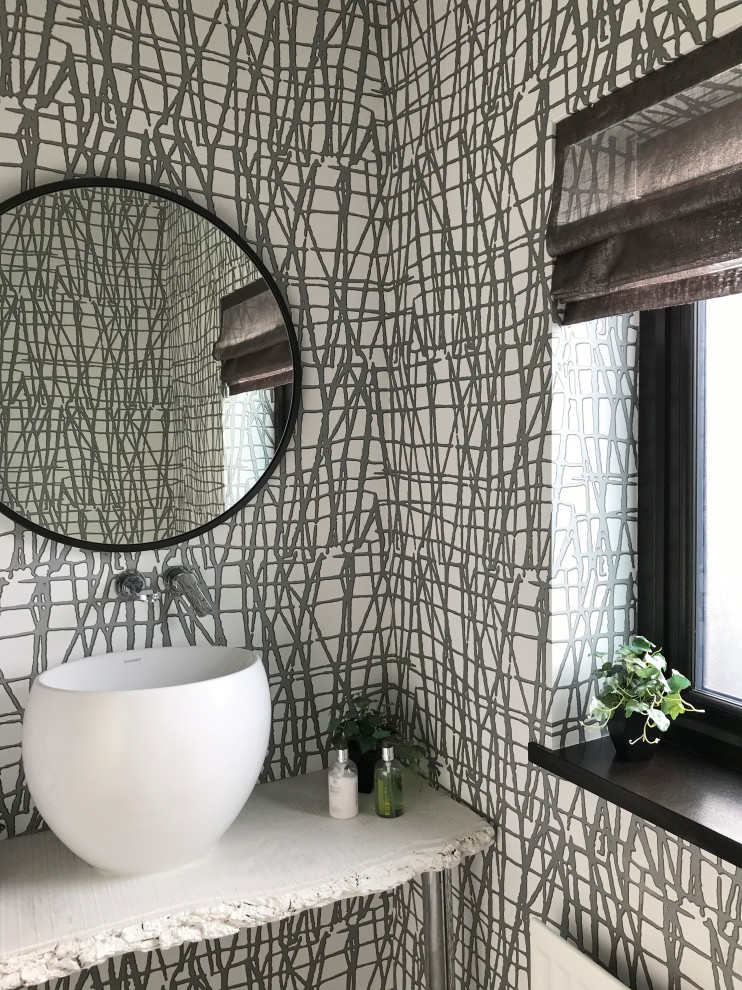 Small contemporary cloakroom in Belfast with a vessel sink, a floating vanity unit, wallpapered walls and grey worktops.