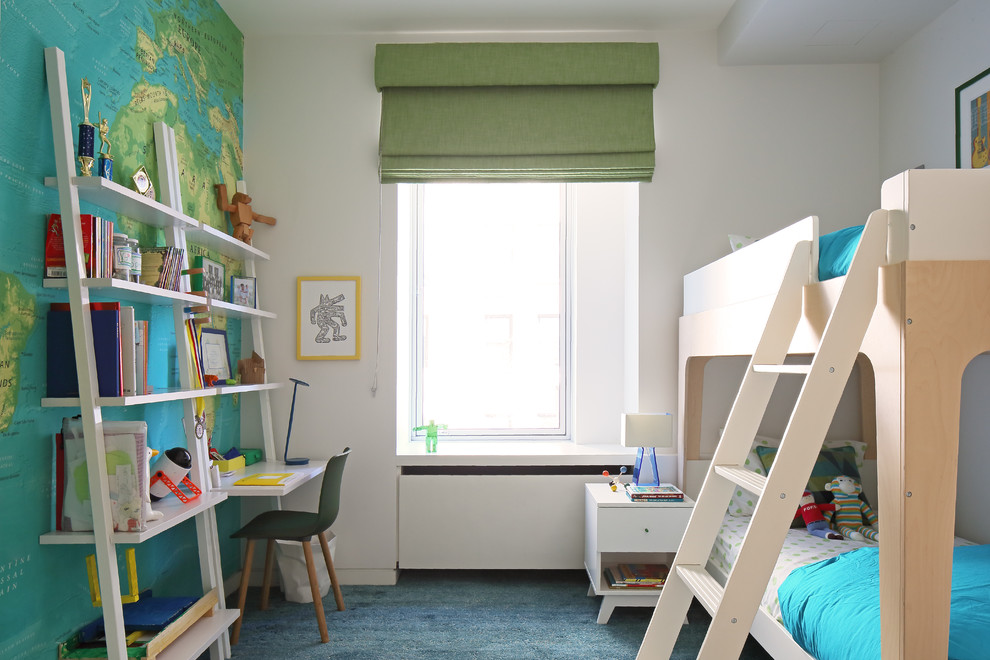 Mid-sized contemporary gender-neutral kids' bedroom in New York with white walls, carpet and blue floor for kids 4-10 years old.