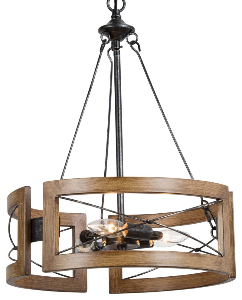 LNC 3 - Light Farmhouse Brown Metal Drum With Wood Accents Chandelier