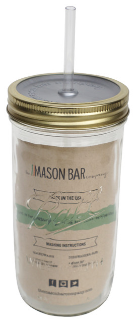24 oz Mason Jar Tumbler With Lid, Gold Band and Clear Acrylic Straw, Silver