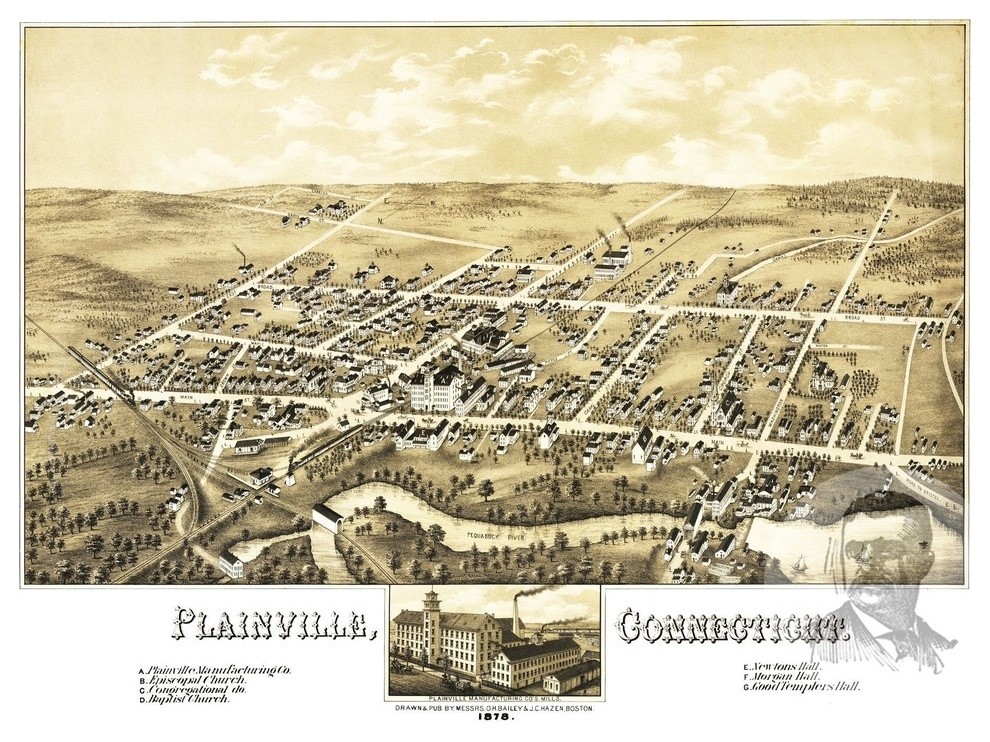 Old Map of Plainville Connecticut 1878, Vintage Map Art Print, 12"x18" Contemporary Prints
