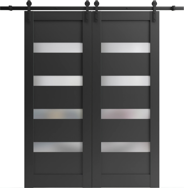 Double Barn Door, Quadro 4113 Matte Black Frosted Glass, 13', 60"x80" (2* 30x80) Transitional