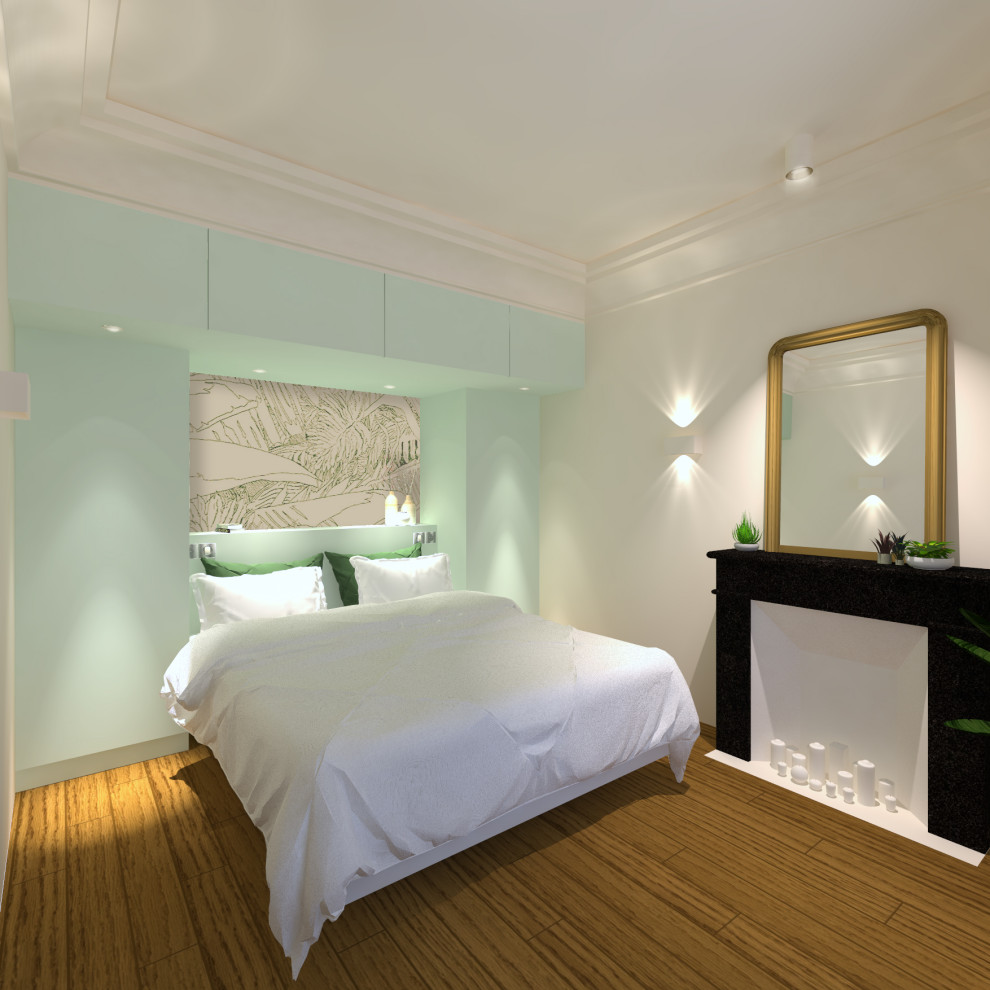 パリにある小さなエクレクティックスタイルのおしゃれな寝室 (白い壁、淡色無垢フローリング、標準型暖炉、石材の暖炉まわり、ベージュの床) のインテリア