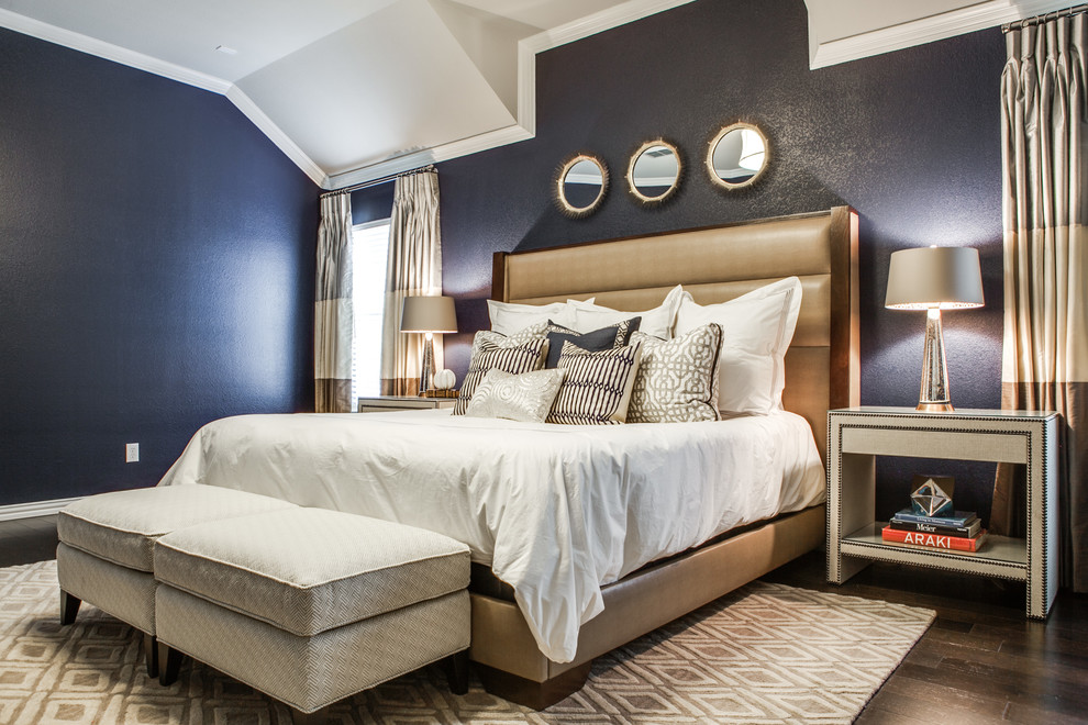 Photo of a large transitional master bedroom in Dallas with blue walls, dark hardwood floors and no fireplace.