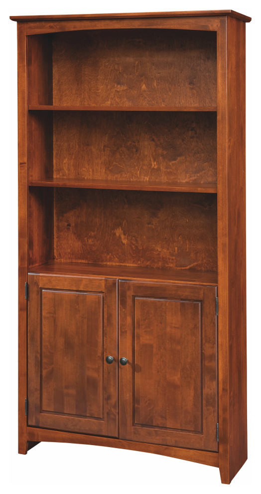 Solid Wood Five Shelf Bookcase With Doors, Warm Cherry