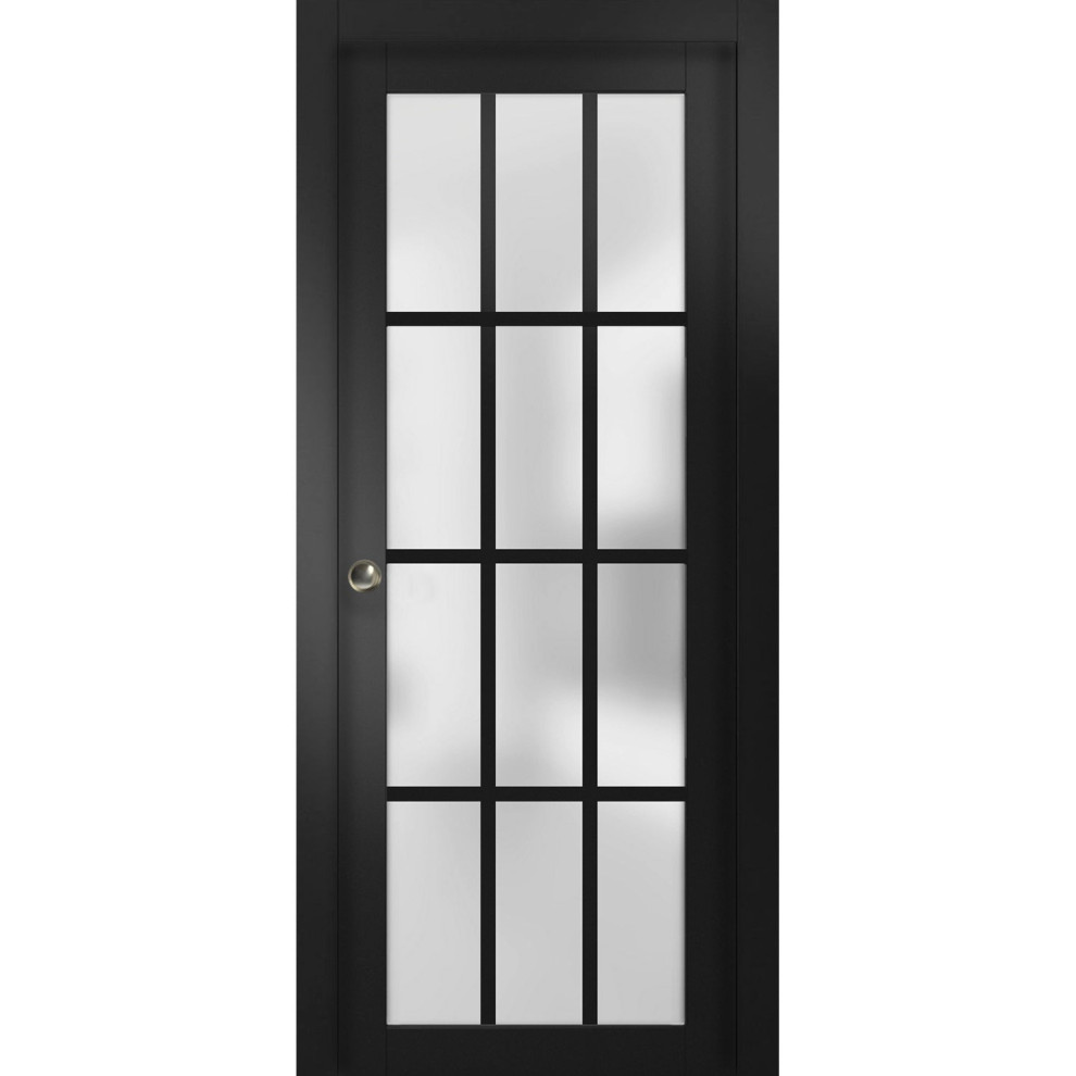 Sliding Pocket Door, Felicia 3312 Matte Black Frosted Glass, Rail, 28