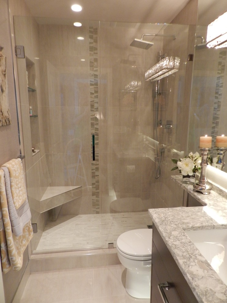 Inspiration for a small transitional master bathroom in Vancouver with flat-panel cabinets, dark wood cabinets, an alcove shower, a two-piece toilet, porcelain tile, grey walls, porcelain floors, an undermount sink, engineered quartz benchtops and beige tile.