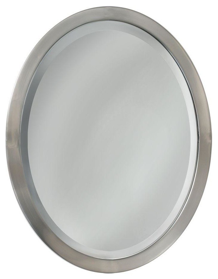 Pacific Oval Mirror, Brushed Nickel, 23"x29" Transitional Bathroom